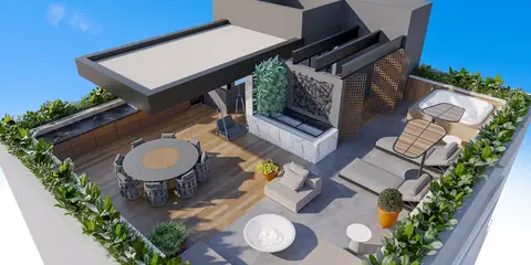 Vista aérea do rooftop com jacuzzi e pergolado